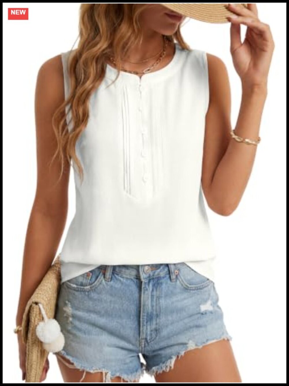 LYANER Women's Pleated Crew Neck Sleeveless Tank Top